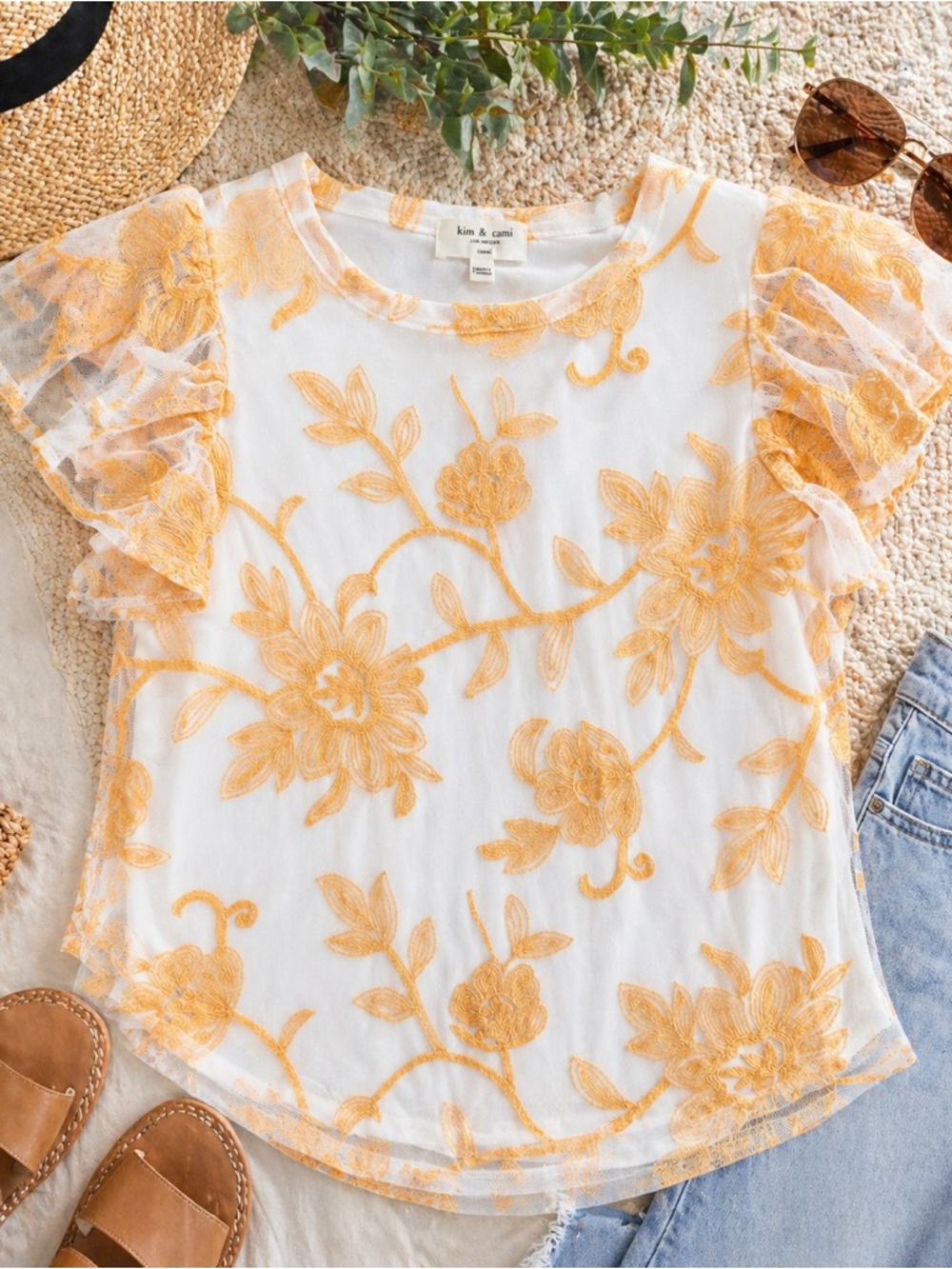 Kim & Cami Floral Embroidered Mesh Top | White & Mustard Yellow | Small
